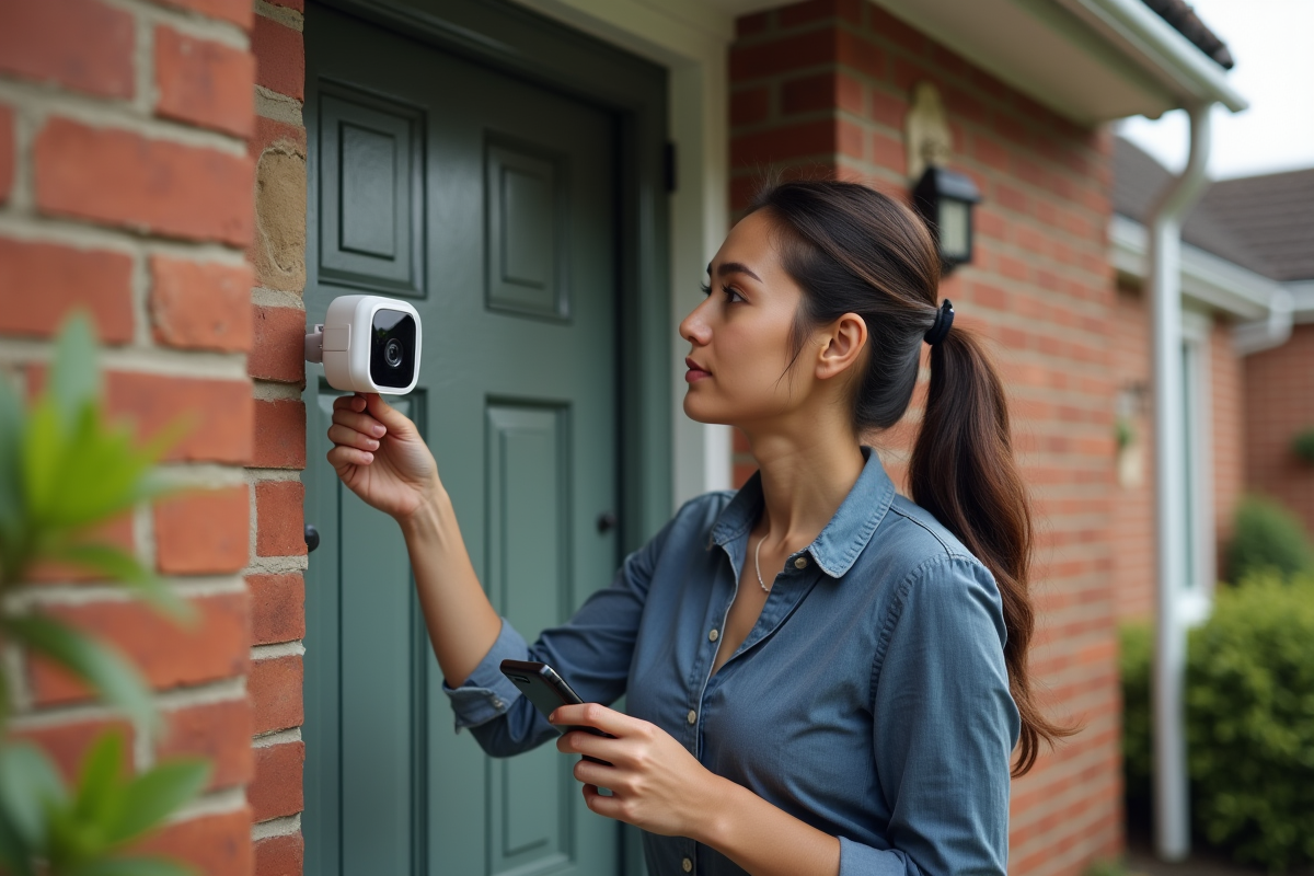 Jeune femme installant une caméra de sécurité extérieure