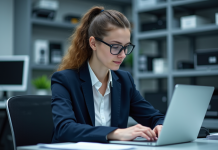 Jeune femme en blazer navy travaillant sur un ordinateur dans un laboratoire quantique
