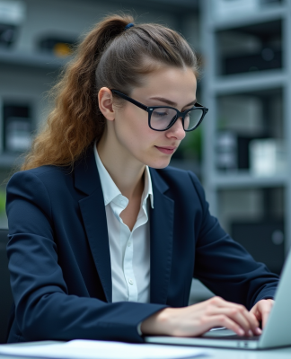 Jeune femme en blazer navy travaillant sur un ordinateur dans un laboratoire quantique