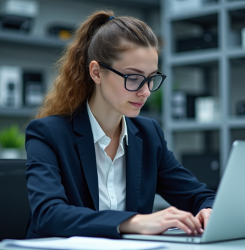Informatique quantique : tout savoir sur cette technologie révolutionnaire! Jeune femme en blazer navy travaillant sur un ordinateur dans un laboratoire quantique