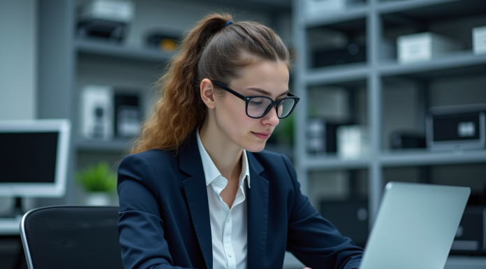 Jeune femme en blazer navy travaillant sur un ordinateur dans un laboratoire quantique