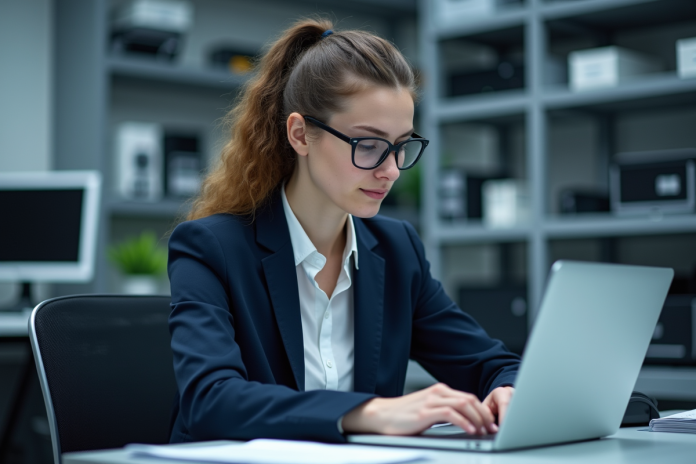 Jeune femme en blazer navy travaillant sur un ordinateur dans un laboratoire quantique