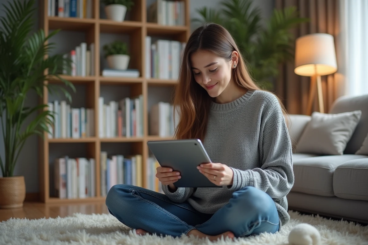Jeune femme lisant manga sur tablette dans un salon cosy