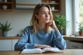Jeune femme lisant un livre de neurosciences dans la cuisine
