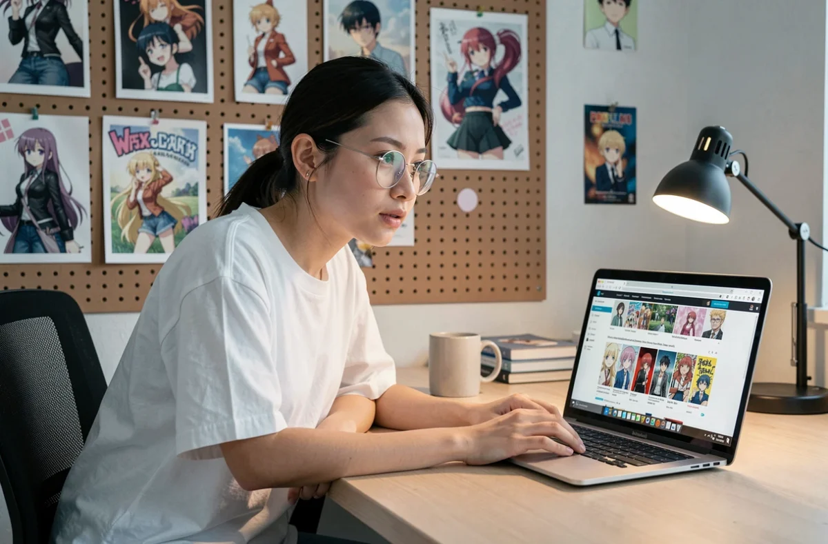 Jeune femme lisant des scans manga en ligne sur son ordinateur portable dans un bureau à domicile