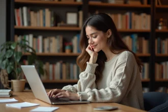 Jeune femme concentrée sur son ordinateur dans une bibliothèque chaleureuse