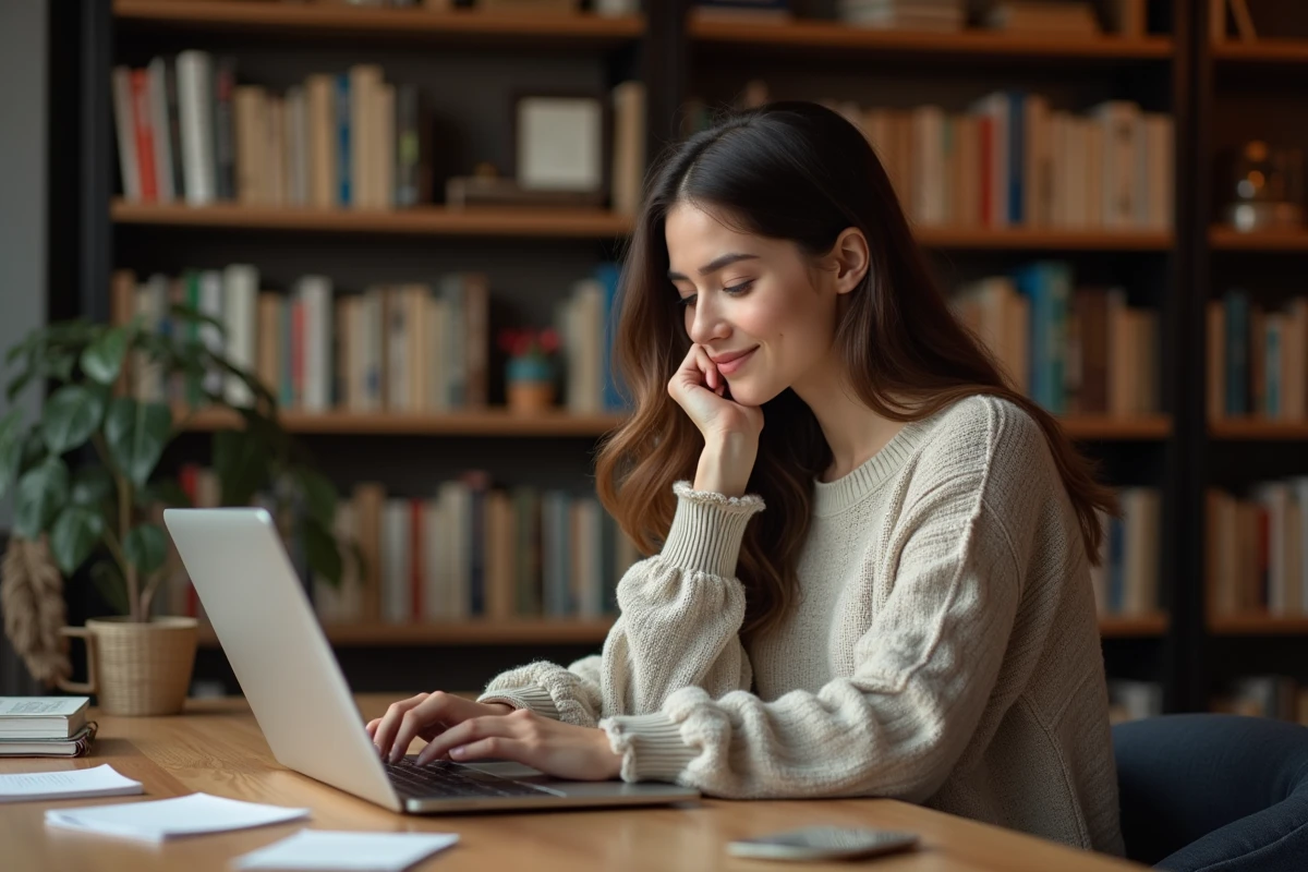 Jeune femme concentrée sur son ordinateur dans une bibliothèque chaleureuse