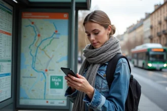 Jeune femme à Lyon consulte son smartphone à un arrêt de bus