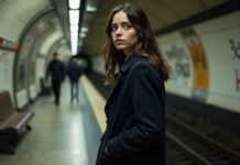 Jeune femme dans le métro parisien en peacoat navy