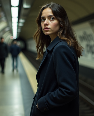 Jeune femme dans le métro parisien en peacoat navy