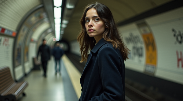 Jeune femme dans le métro parisien en peacoat navy