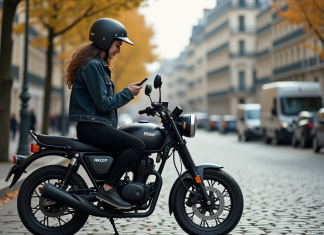 Les avantages d’une moto 125 cm³ 2 temps pour les trajets urbains Jeune femme en moto vintage sur une rue parisienne