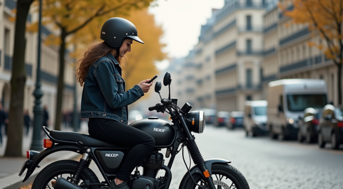 Jeune femme en moto vintage sur une rue parisienne
