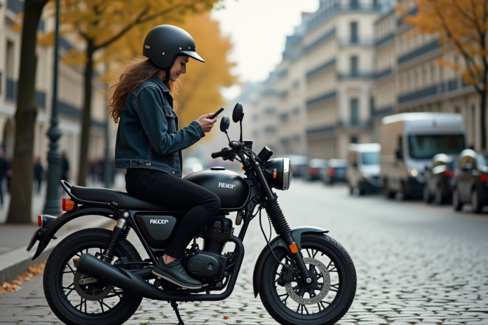 jeune-femme-moto-paris Jeune femme en moto vintage sur une rue parisienne