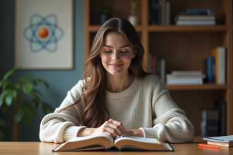 Jeune femme lisant un livre de physique quantique à son bureau