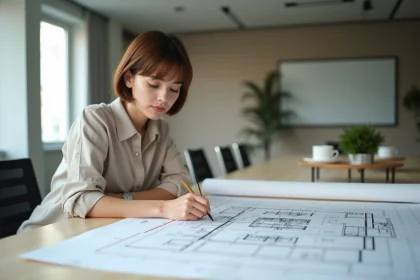 Jeune femme étudie un plan d'architecture sur une table