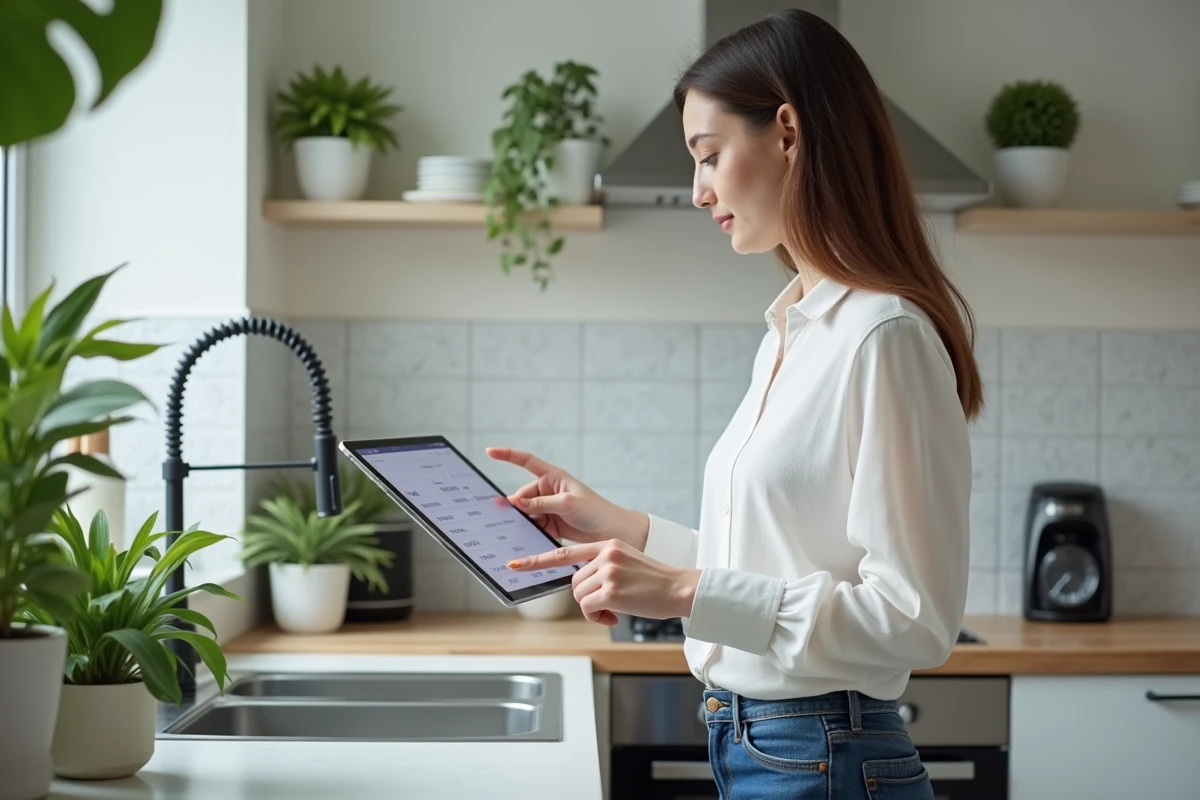Jeune femme pointant un tableau digital sur tablette