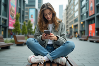 Jeune femme en streetwear assise sur un banc urbain en ville
