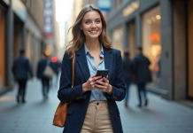 Impact des vêtements sur votre vie : signification et influence à comprendre Jeune femme en ville avec blazer bleu et smartphone