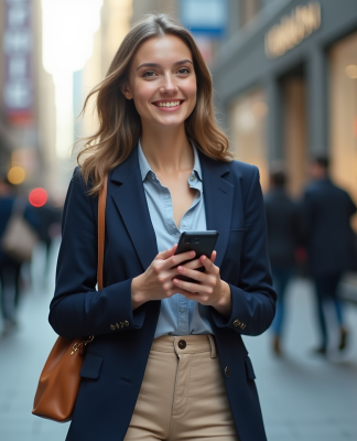 Jeune femme en ville avec blazer bleu et smartphone
