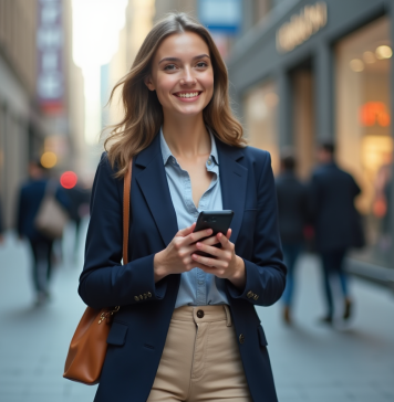 Impact des vêtements sur votre vie : signification et influence à comprendre Jeune femme en ville avec blazer bleu et smartphone