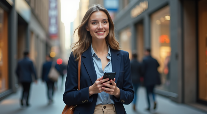 Jeune femme en ville avec blazer bleu et smartphone