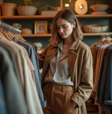 Vêtements d’occasion : faut-il éviter ? Conseils mode éco-responsable Jeune femme inspectant des vêtements vintage en boutique