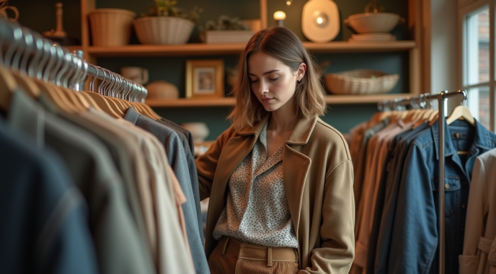 Jeune femme inspectant des vêtements vintage en boutique