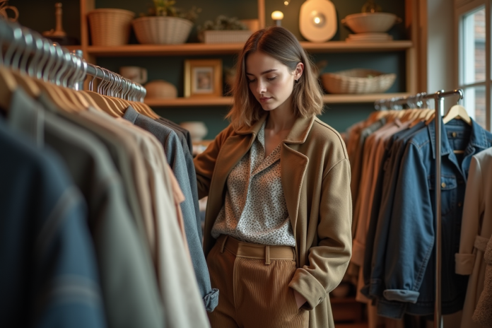 jeune-femme-vintage-boutique Jeune femme inspectant des vêtements vintage en boutique