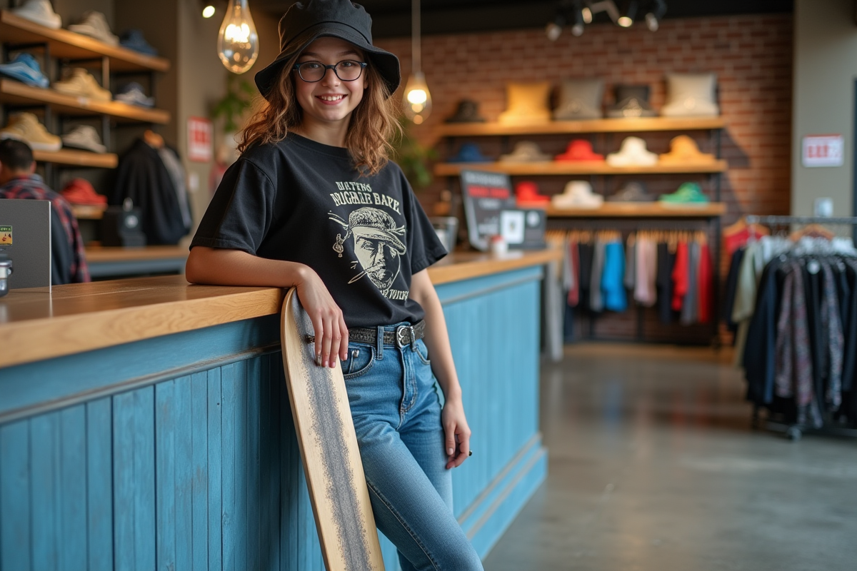 Jeune fille en streetwear avec skateboard dans boutique