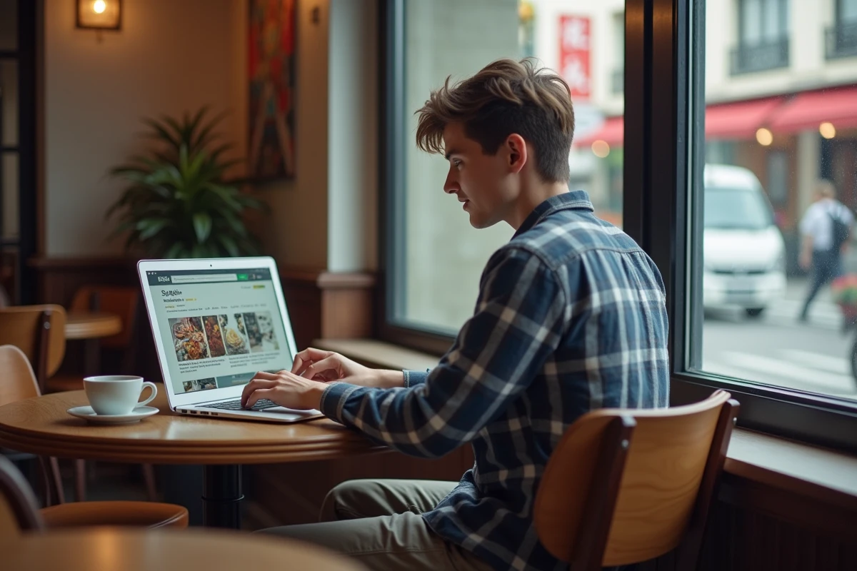 Jeune homme naviguant sur site manga dans un café moderne