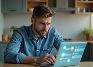 Identité numérique : quels sont les inconvénients ? Analyse et solutions Jeune homme inquiet devant un ordinateur avec icônes virtuelles