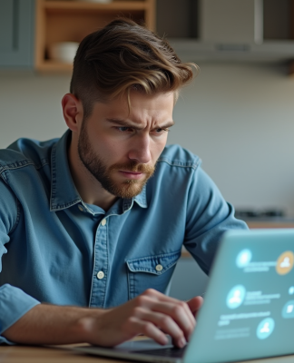 Jeune homme inquiet devant un ordinateur avec icônes virtuelles