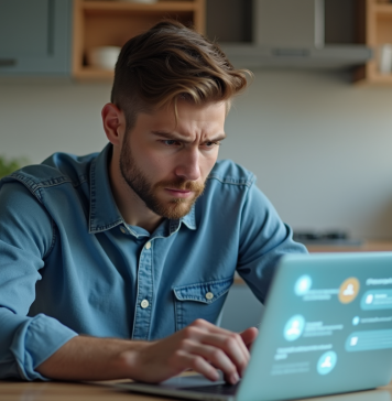 Identité numérique : quels sont les inconvénients ? Analyse et solutions Jeune homme inquiet devant un ordinateur avec icônes virtuelles