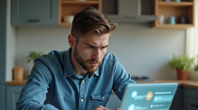 Jeune homme inquiet devant un ordinateur avec icônes virtuelles