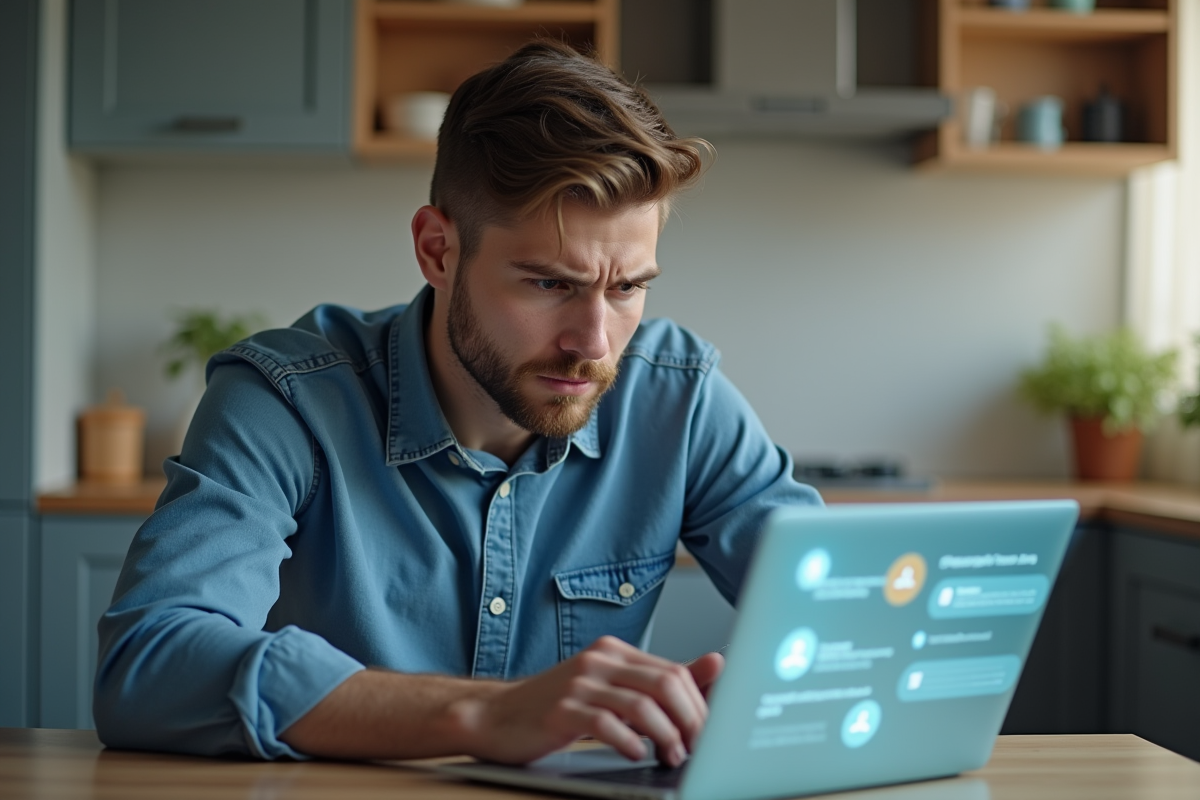 Jeune homme inquiet devant un ordinateur avec icônes virtuelles