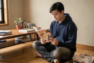 Jeune homme lisant un manga sur le sol d'un appartement cosy, entouré de volumes de mangas empilés