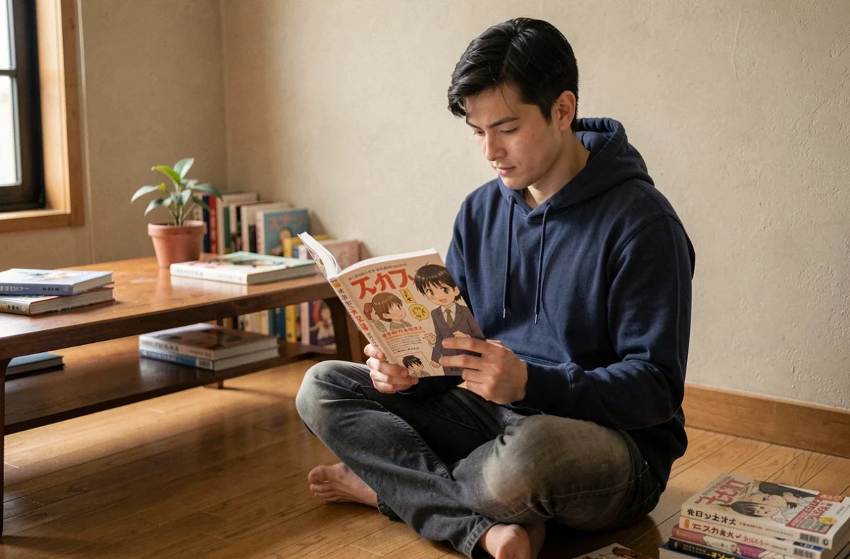 Jeune homme lisant un manga sur le sol d'un appartement cosy, entouré de volumes de mangas empilés