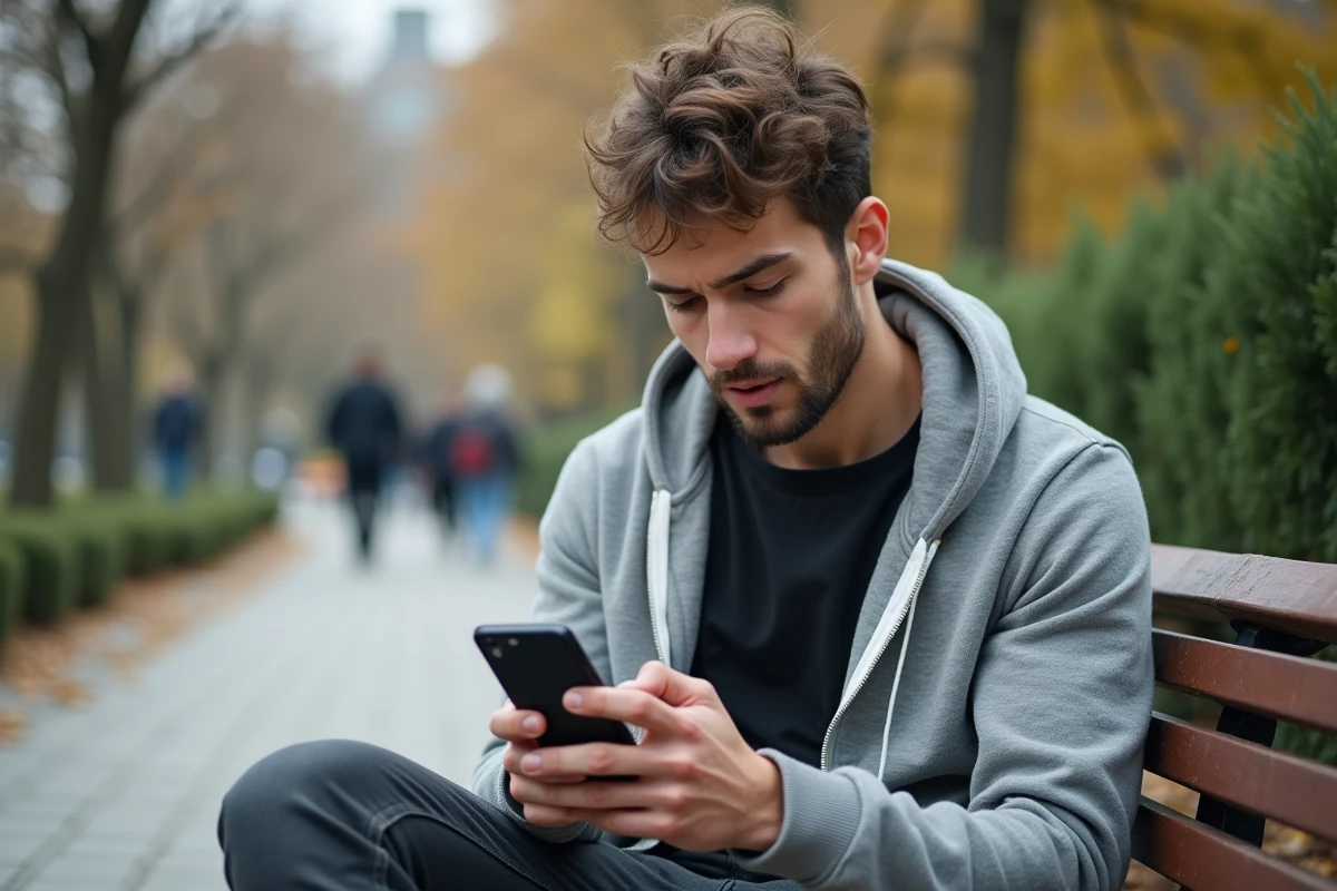 Jeune homme dans un parc vérifiant son téléphone avec un numéro international