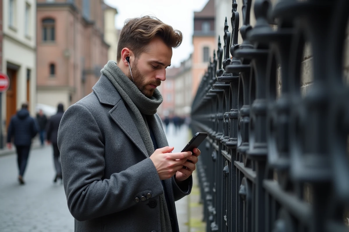 Jeune homme lisant sur son téléphone devant Strasbourg