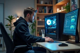 Jeune homme en hoodie analysant des données sur un ordinateur haut de gamme