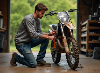 Entretien et maintenance de votre moto-cross 125 Kawasaki Jeune homme vérifiant la chaîne d'une moto cross sale