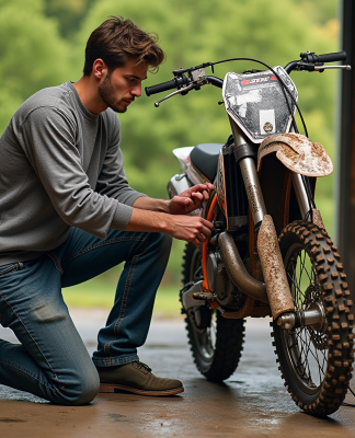 Jeune homme vérifiant la chaîne d'une moto cross sale