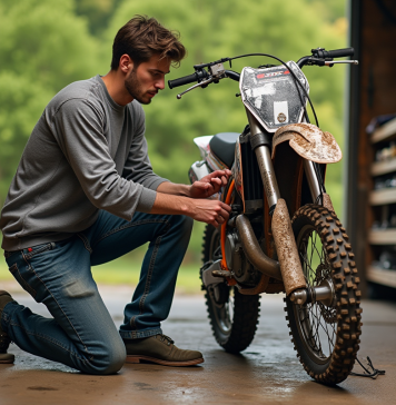 Entretien et maintenance de votre moto-cross 125 Kawasaki Jeune homme vérifiant la chaîne d'une moto cross sale
