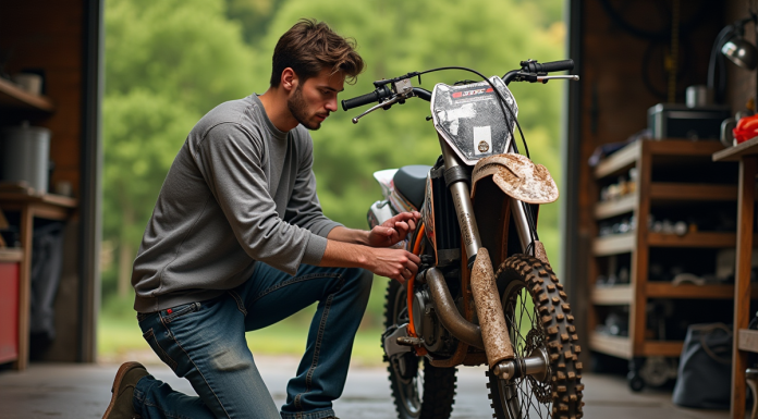 Jeune homme vérifiant la chaîne d'une moto cross sale