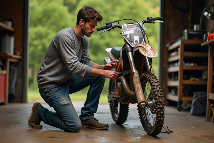 Jeune homme vérifiant la chaîne d'une moto cross sale