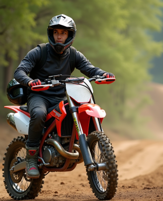 Jeune homme en motocross sur un terrain en forêt