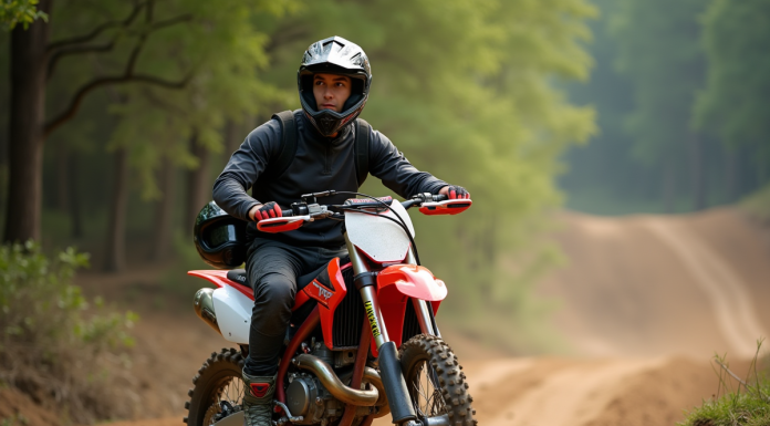 Jeune homme en motocross sur un terrain en forêt