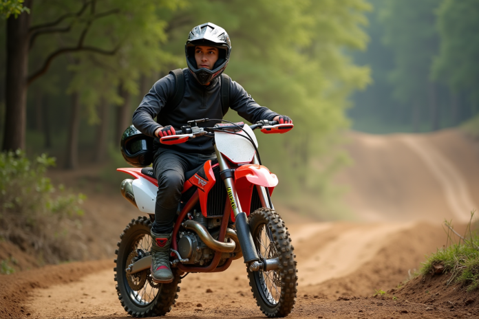 Jeune homme en motocross sur un terrain en forêt