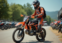 Jeune homme en équipement motocross examine un vélo 150cc